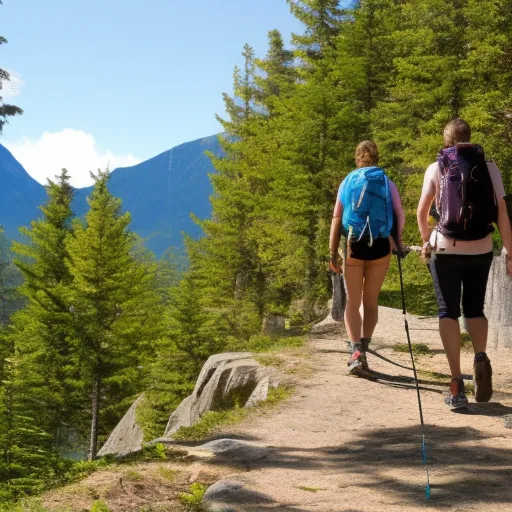 

The image shows a group of people hiking together in a scenic natural landscape with trees and mountains in the background.